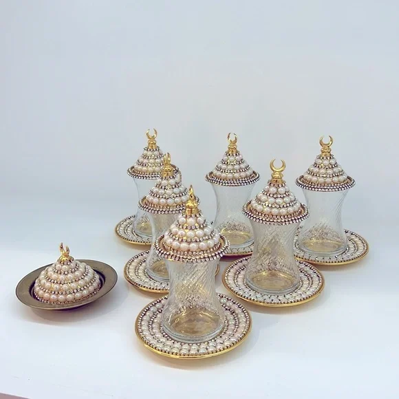 NEW HANDMADE TURKISH TEA SET WITH PEARLS - Picture 7 of 17